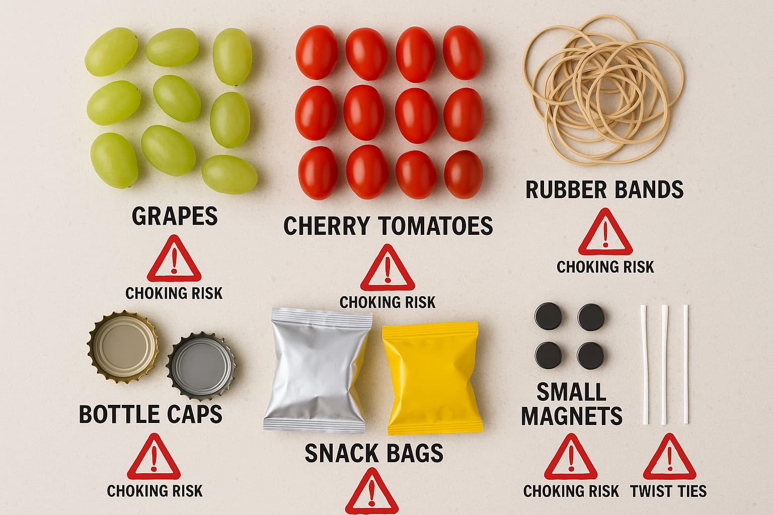 Flat lay of common kitchen choking hazards like grapes, magnets, bottle caps, and rubber bands — labeled as risks. - Find For Baby
