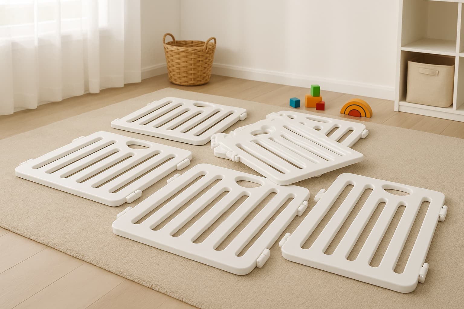 Foldable baby gate panels arranged for setup in open playroom - Find For Baby
