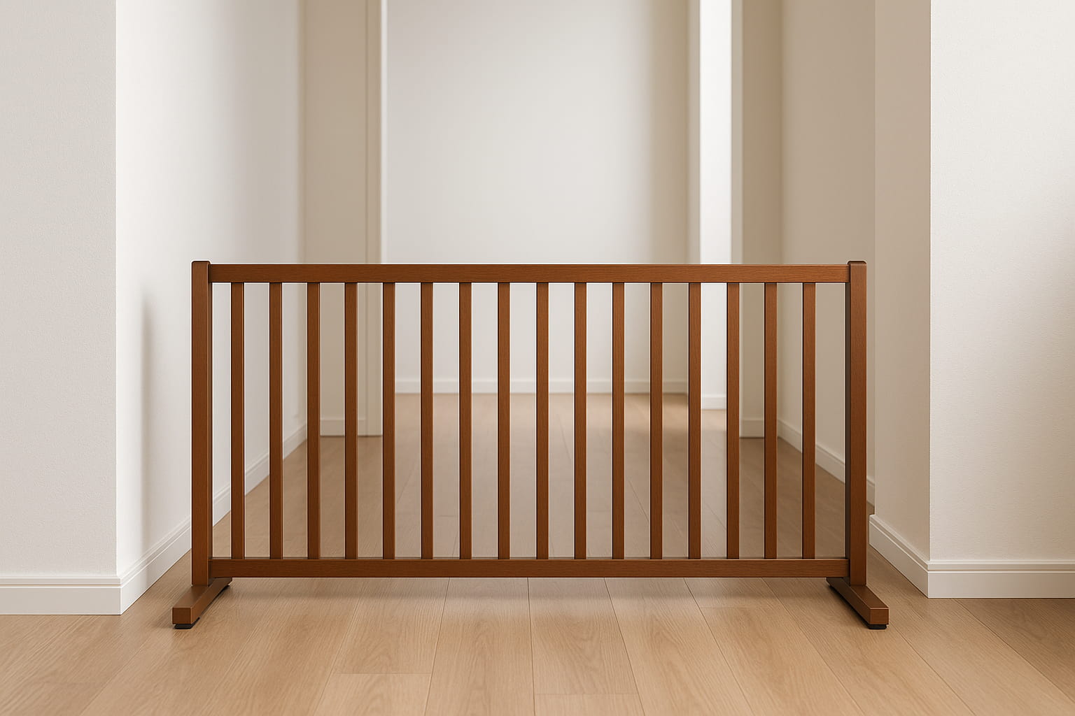 Freestanding wooden pet gate blocking hallway entrance in a baby-safe home - Find For Baby Freestanding wooden pet gate blocking hallway entrance in a baby-safe home - Find For Baby
