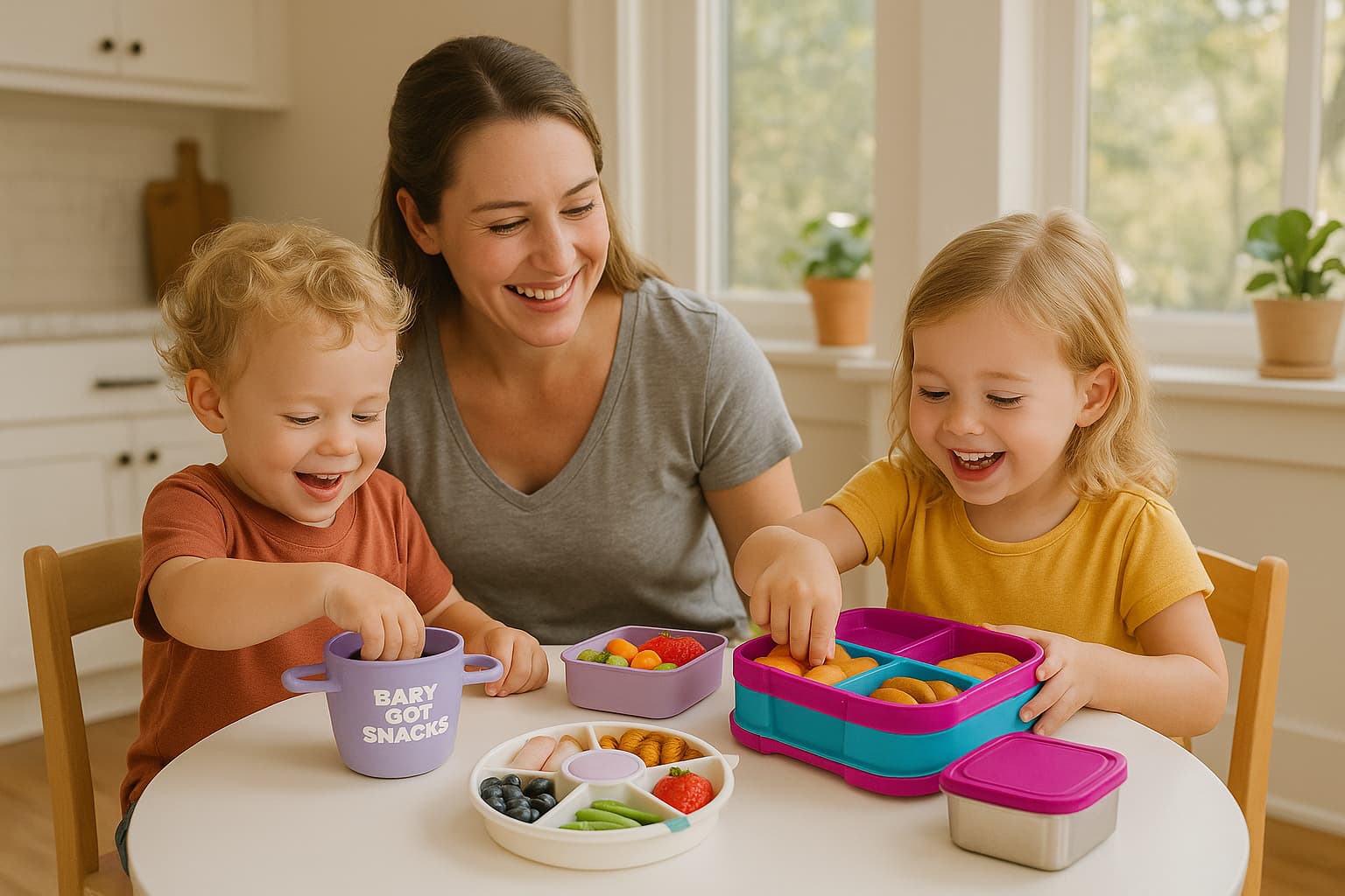 Happy toddlers using BPA‑free snack containers for kids at a sunny kitchen table. - Find For Baby