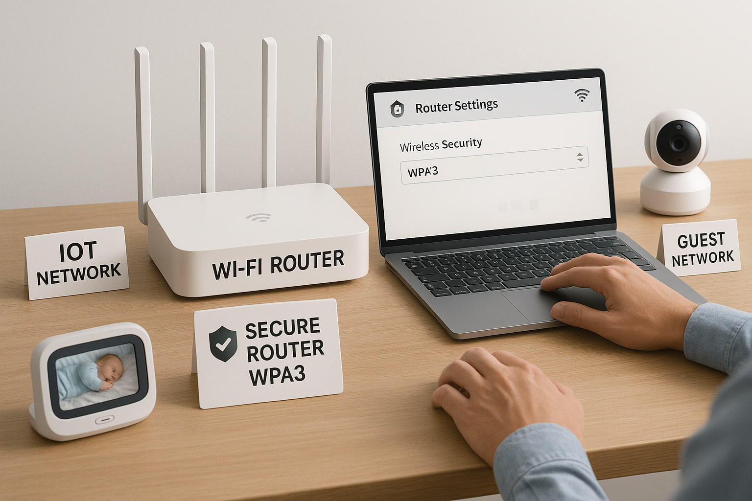 Home Wi-Fi router setup with separate IoT network for baby monitor security - Find For Baby.