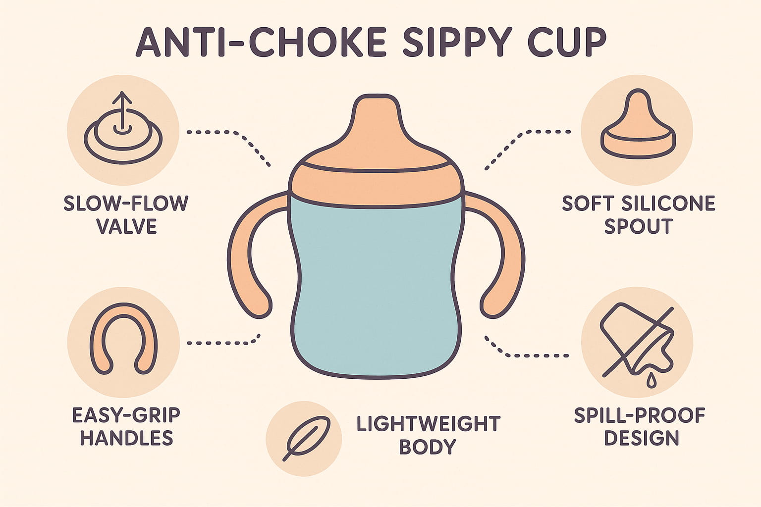Infographic showing safety features of an anti-choke sippy cup, including soft spout, slow-flow valve, and easy-grip handles. - Find For Baby Infographic showing safety features of an anti-choke sippy cup, including soft spout, slow-flow valve, and easy-grip handles. - Find For Baby