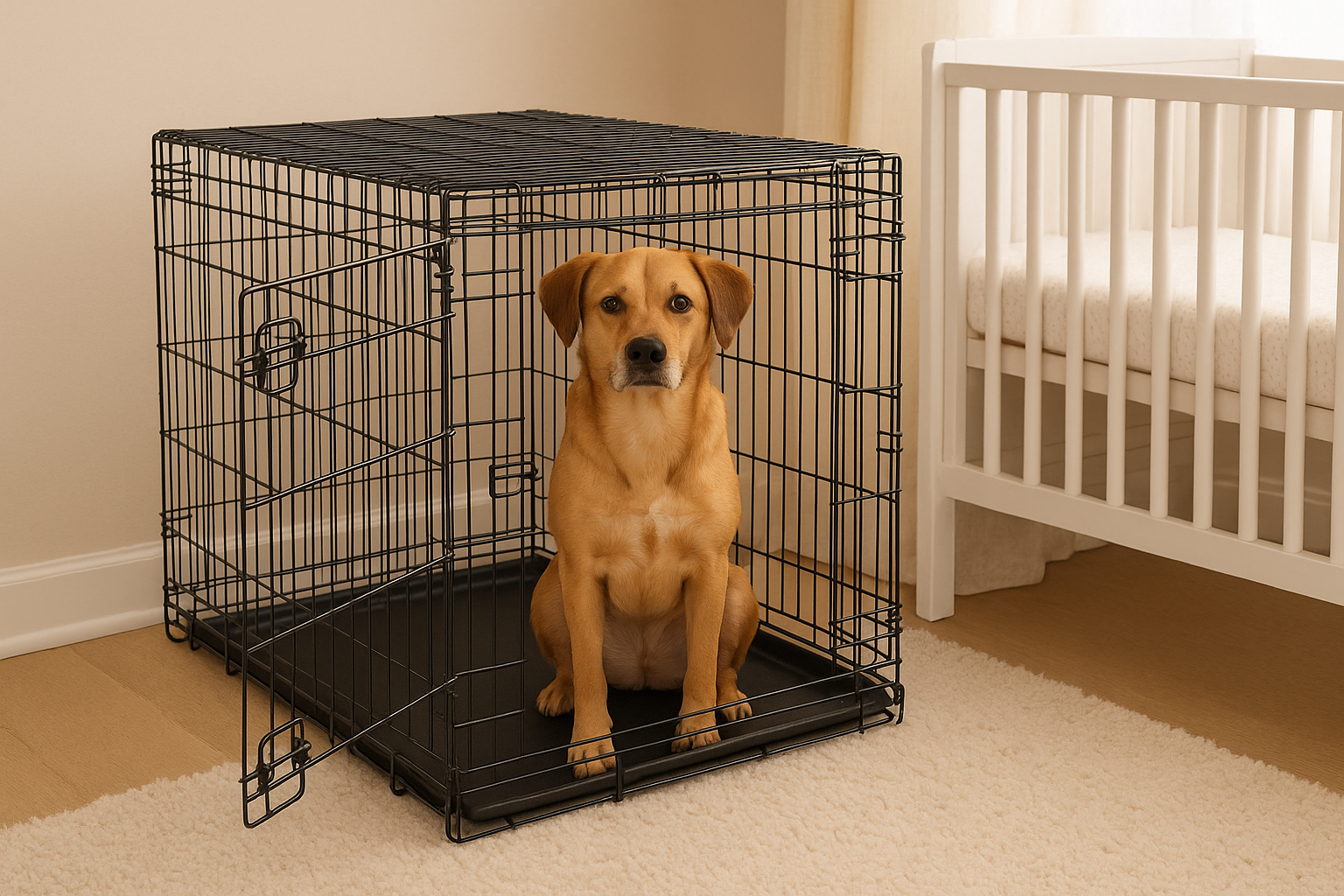 MidWest Homes for Pets Dog Crate placed in a baby nursery corner showing safe pet setup - Find for Baby