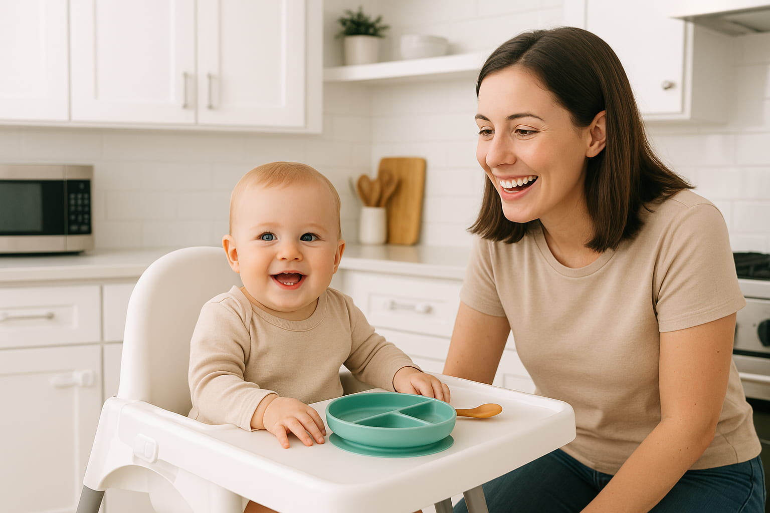 Modern babyproofed kitchen with child safety locks, baby in high chair, and safe feeding tools on display. - Find For Baby