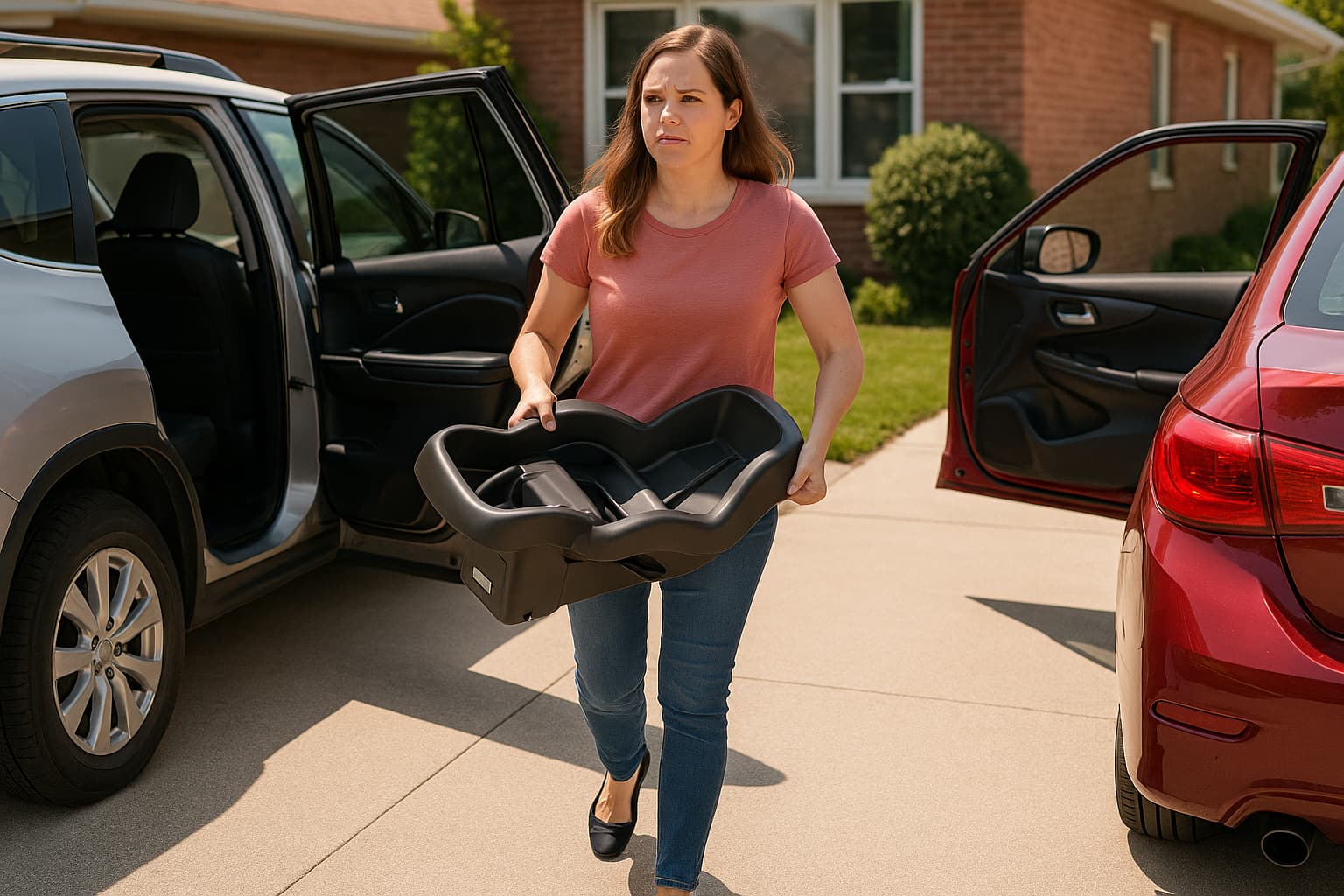 Mom carrying a car seat base from one car to another in a driveway - Find For Baby.
