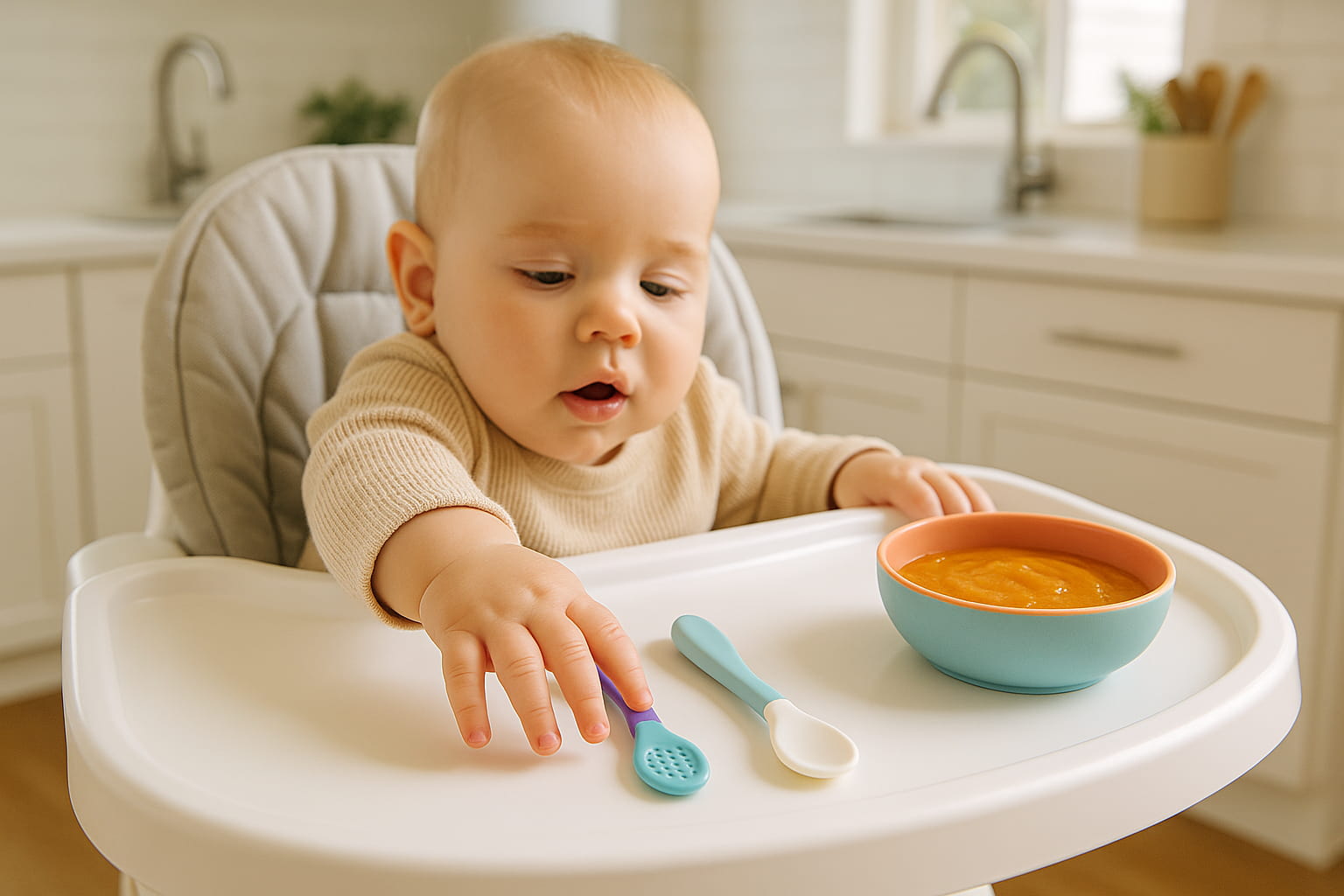 Munchkin vs NumNum spoon comparison on a baby’s high chair tray — safe feeding scene with a baby reaching for both spoons. - Find For Baby