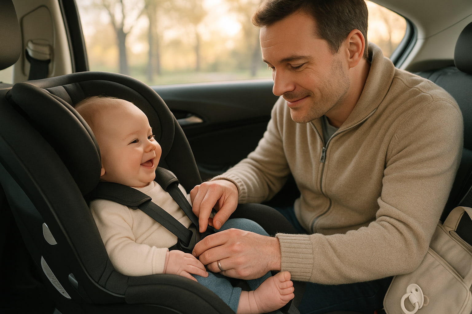 Parent adjusting rear-facing car seat for safe travel - Find For Baby