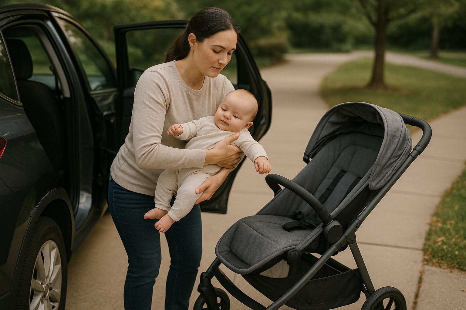 Parent carefully moving baby from car seat to stroller with focus and care during a daytime walk - Find For Baby