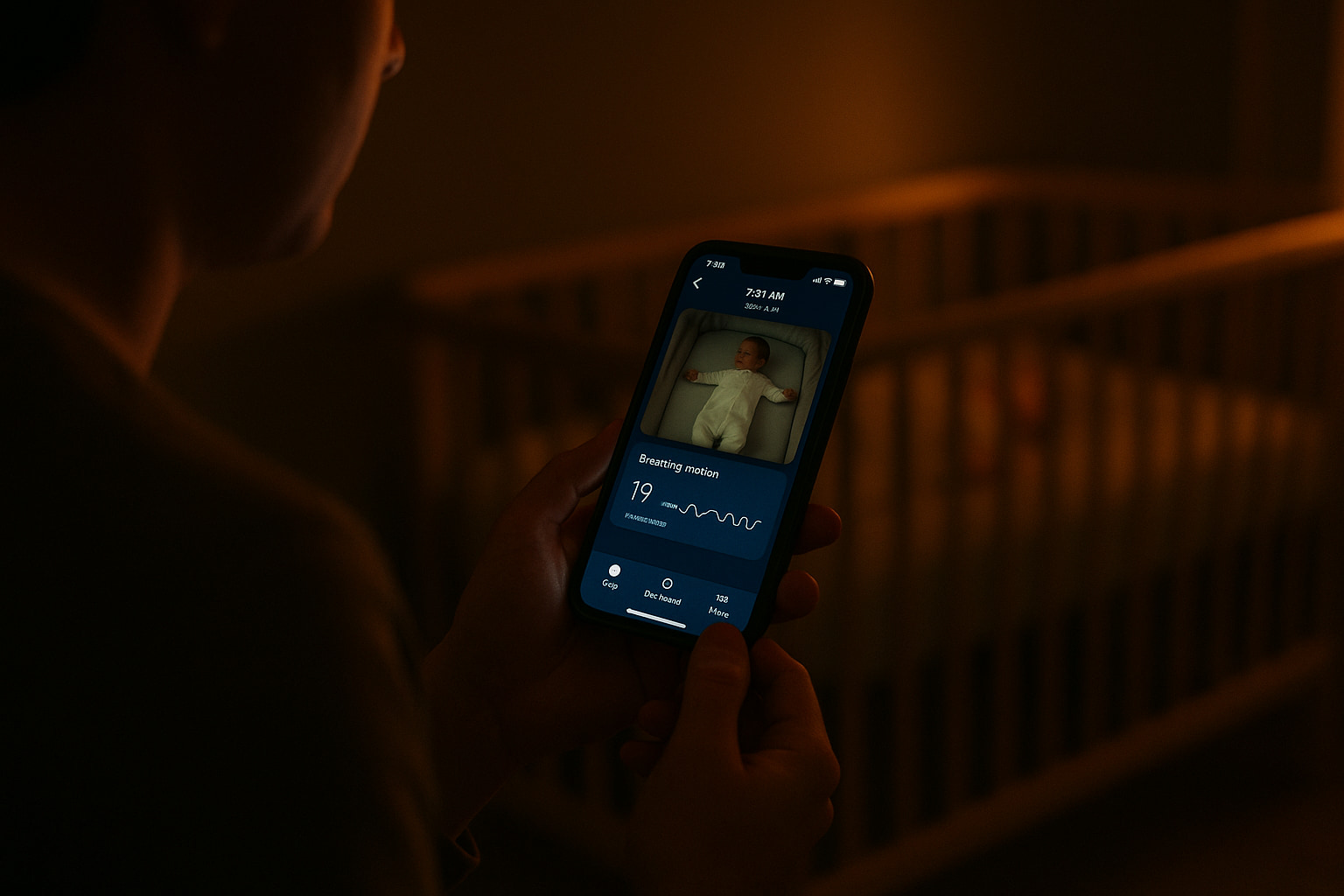 Parent checking baby movement monitor app at night for peace of mind. - Find For Baby
