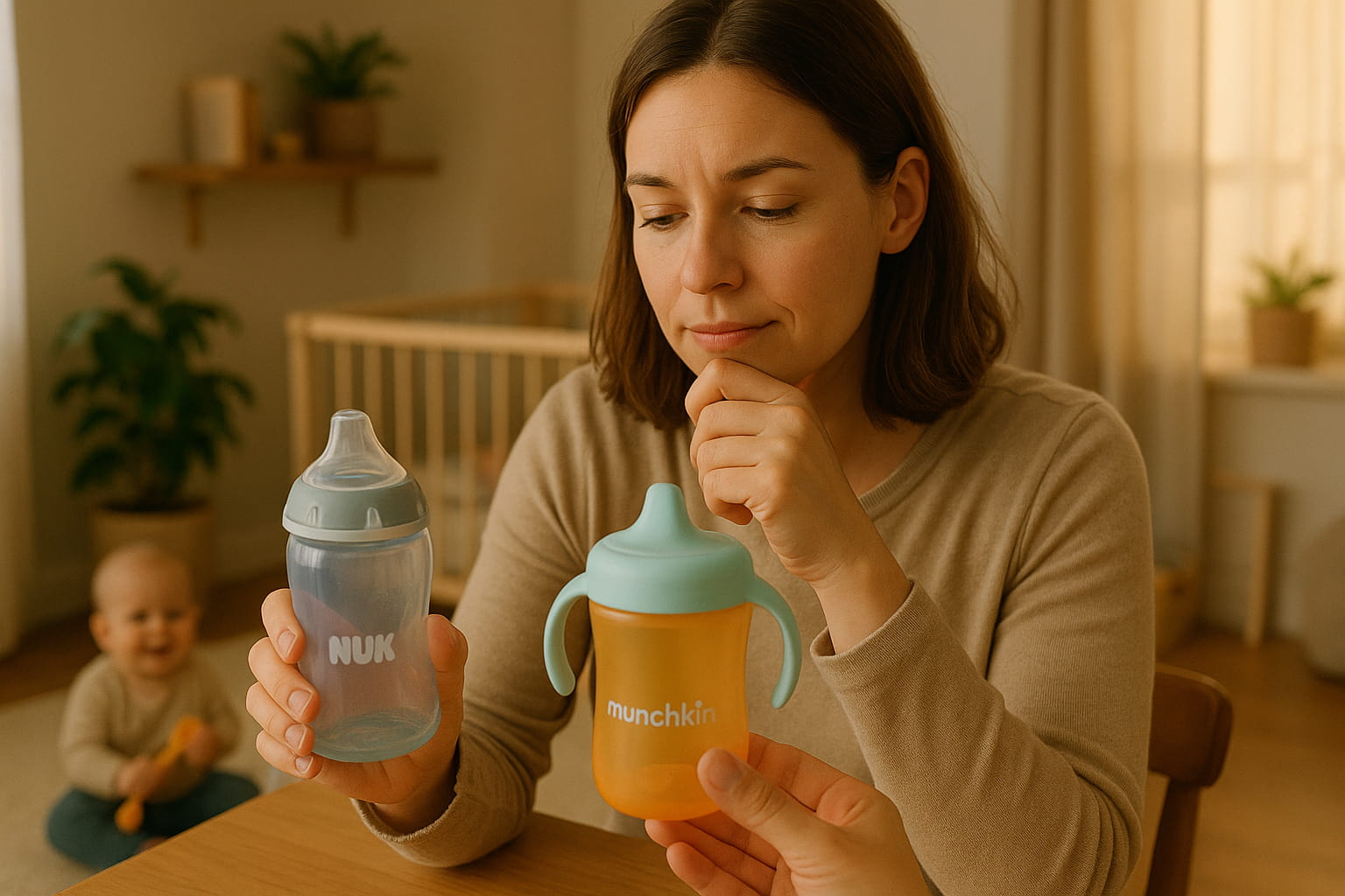 Parent comparing NUK vs Munchkin sippy cup while baby plays nearby choosing the best fit for safe, independent drinking. - Find For Baby