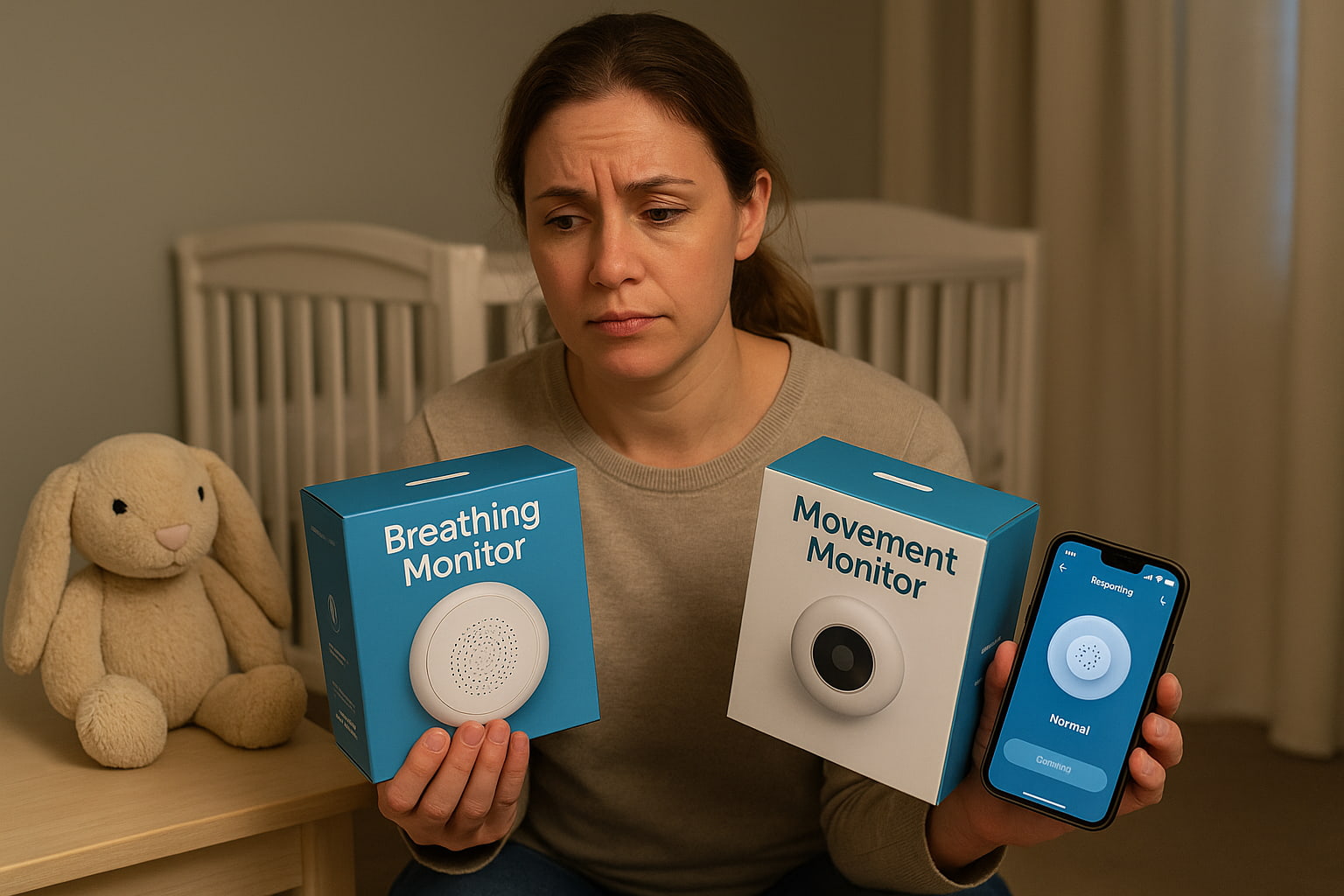 Parent deciding between a movement monitor and breathing monitor in a nursery - Find For Baby