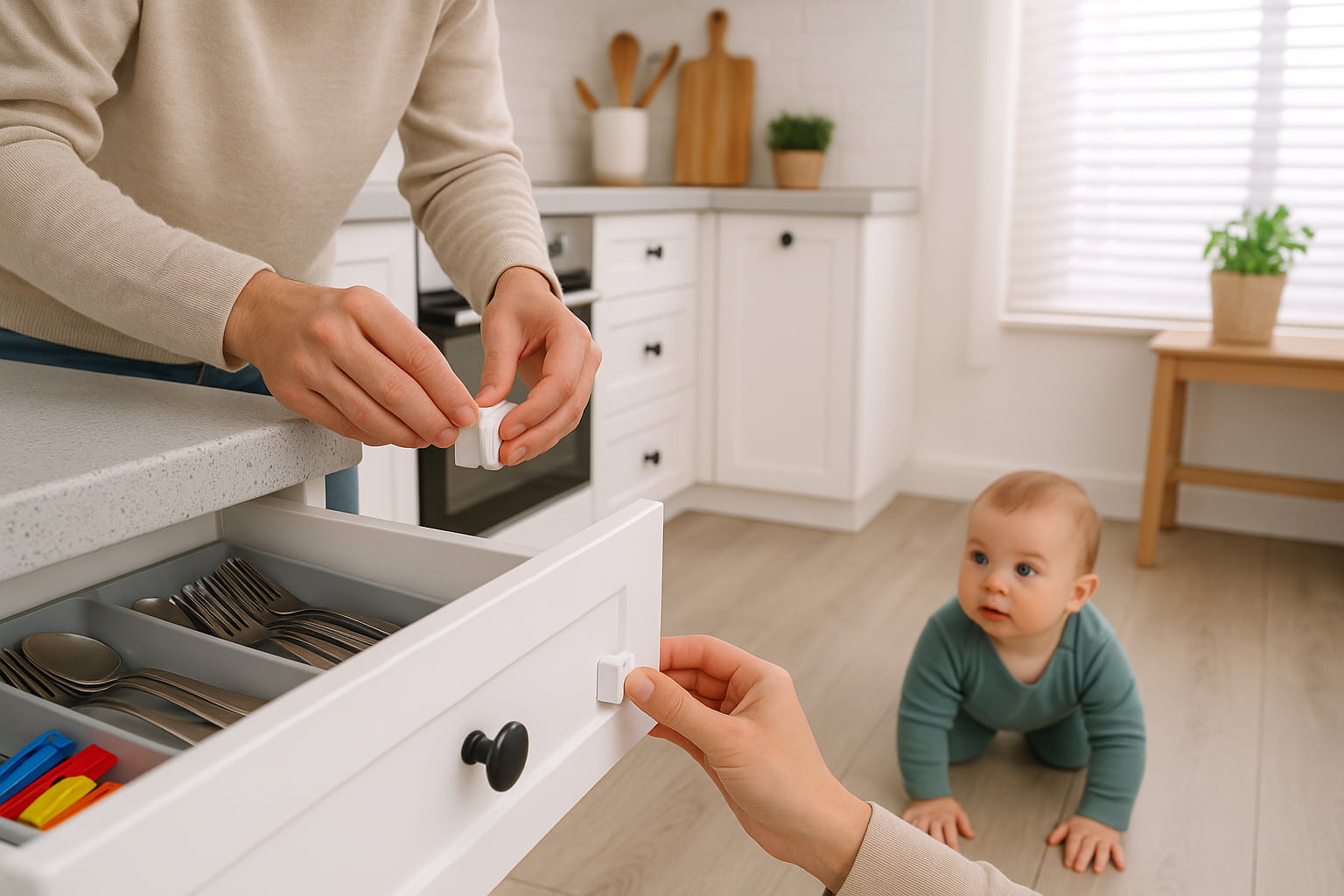 Parent installing a drawer lock to baby-proof your kitchen while a crawling baby explores nearby in a family-friendly space - Find For Baby