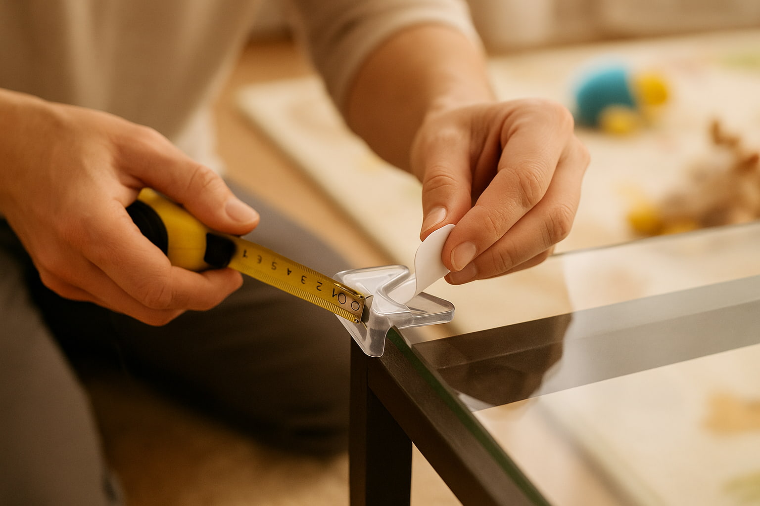 Parent installing clear corner guard on a glass coffee table using a measuring tape - Find For Baby Parent installing clear corner guard on a glass coffee table using a measuring tape - Find For Baby