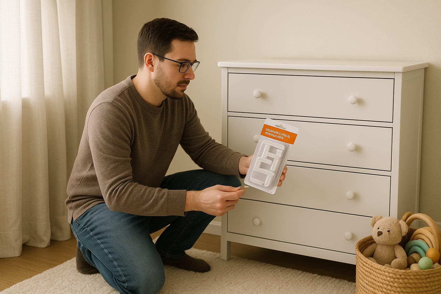 Parent placing a childproofing device on dresser, babyproofing setup scene - Find For Baby