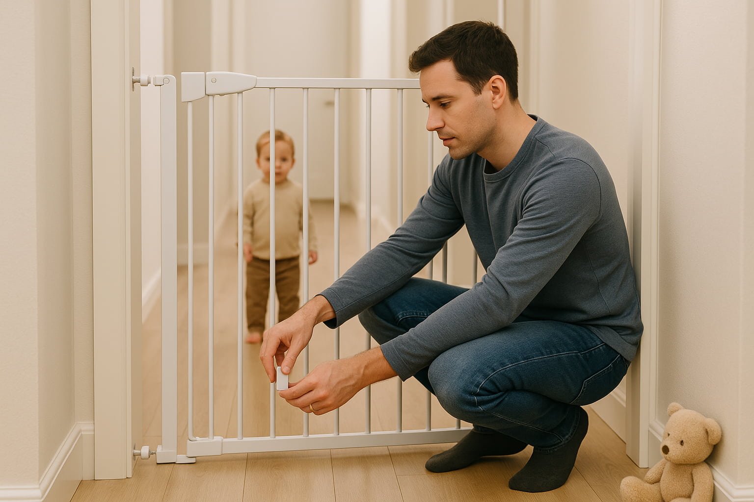Parent setting up pressure-mounted baby gate in hallway - Find For Baby