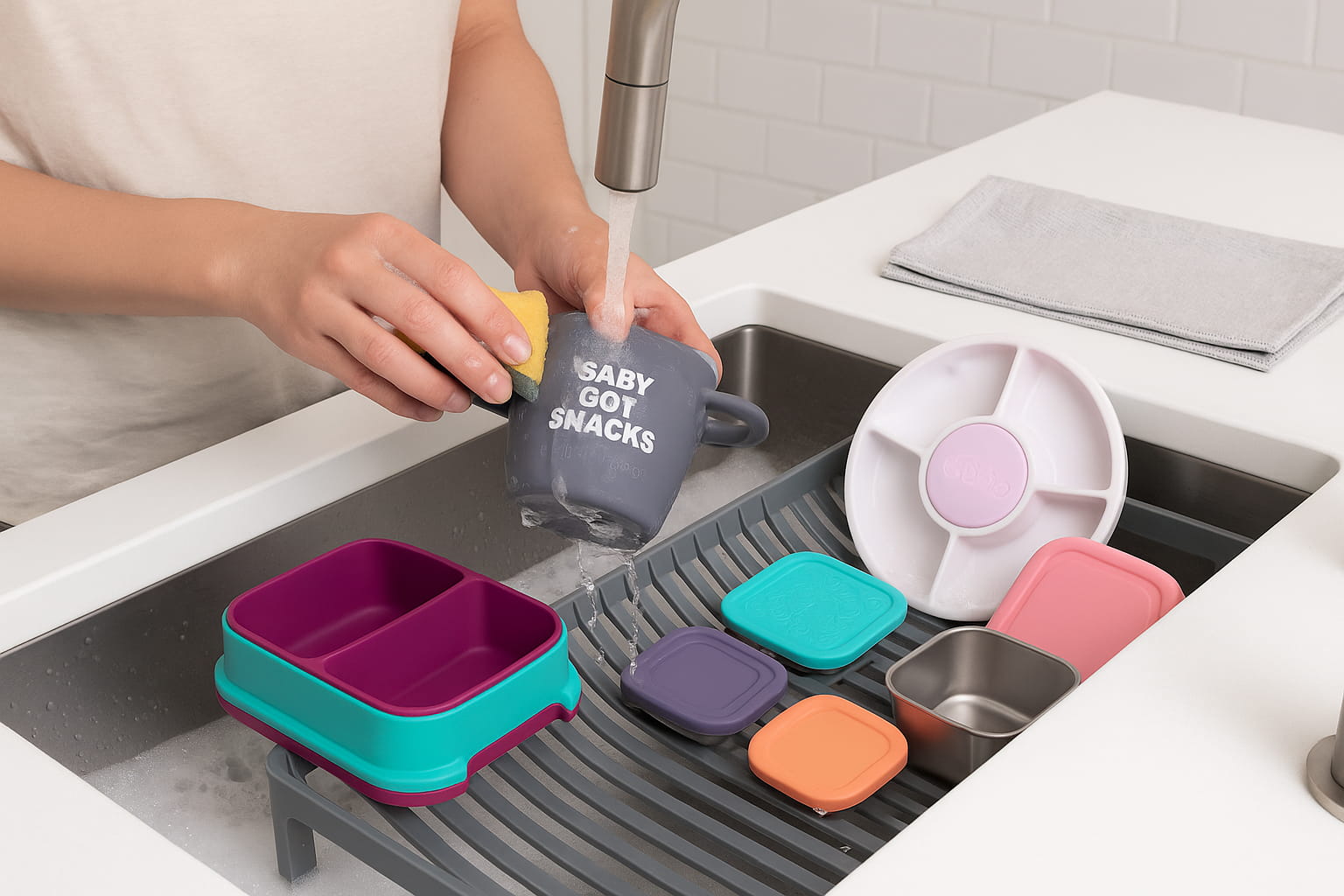Parent washing and drying parts of reusable kids snack containers for hygiene. - FInd For Baby
