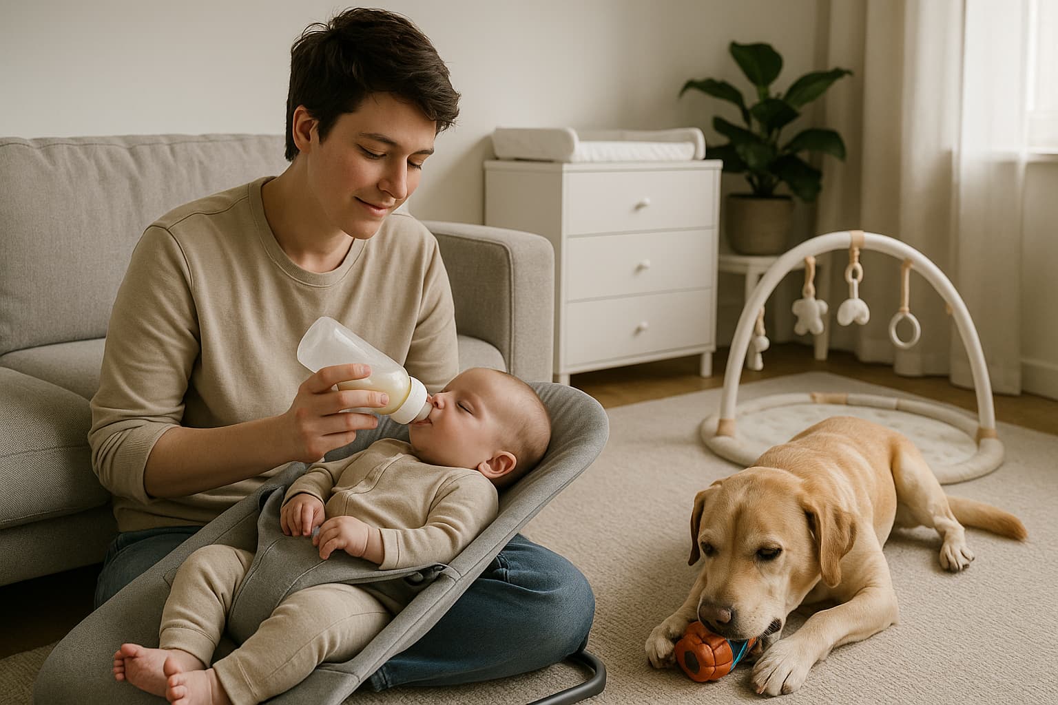 Peaceful home with parent feeding baby and dog chewing toy calmly nearby in safe shared space - Find For Baby Peaceful home with parent feeding baby and dog chewing toy calmly nearby in safe shared space - Find For Baby