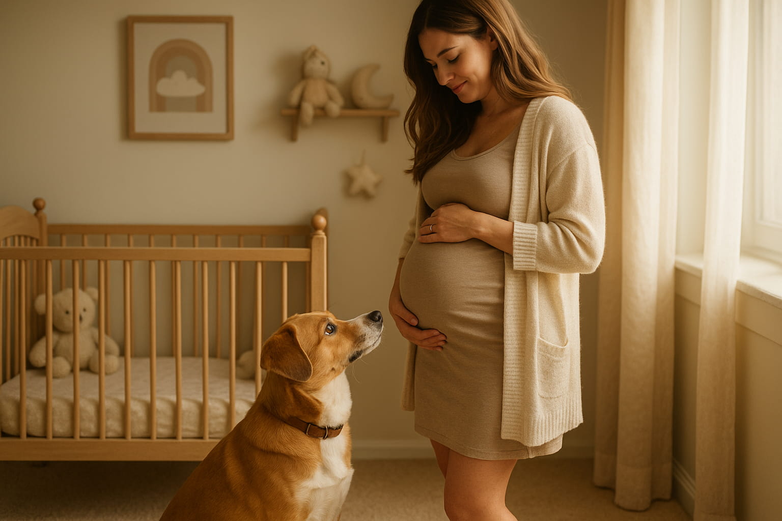Pregnant woman in a nursery while calm dog sits nearby, sensing changes before baby arrivesA young parent