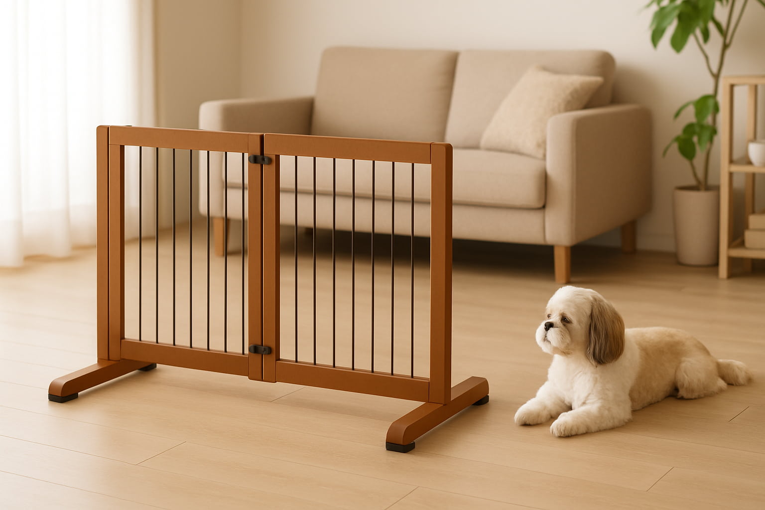 Richell freestanding pet gates in living room with calm dog resting nearby - Find For Baby Richell freestanding pet gates in living room with calm dog resting nearby - Find For Baby