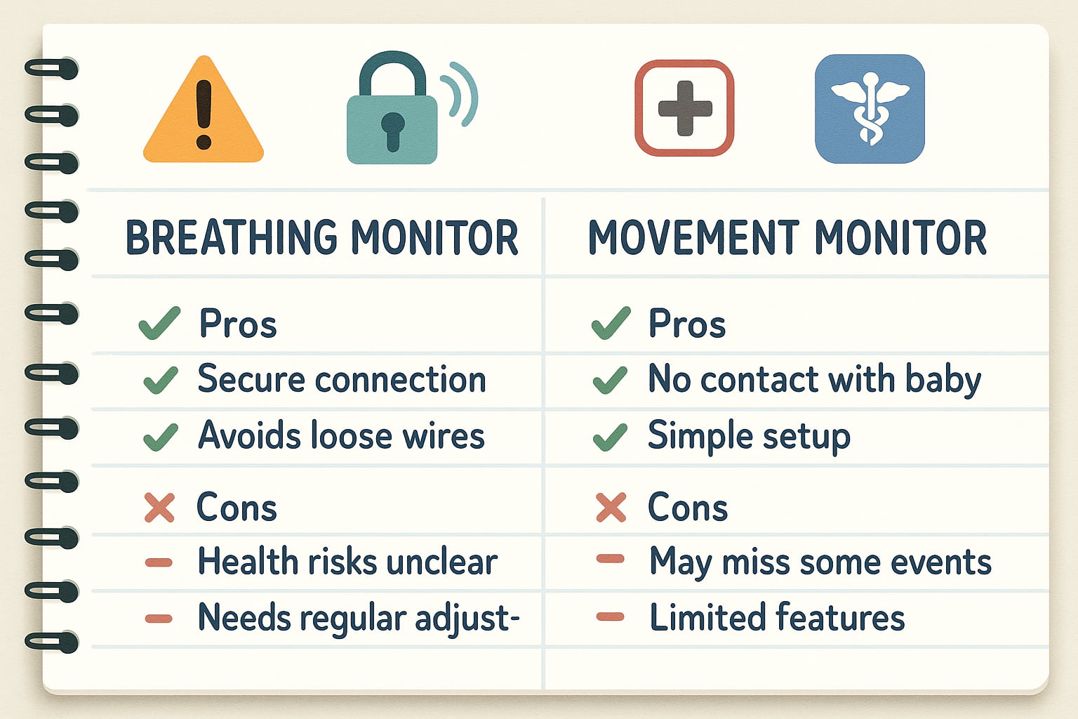 Safety checklist comparing features of breathing monitors vs movement monitors. - Find For Baby