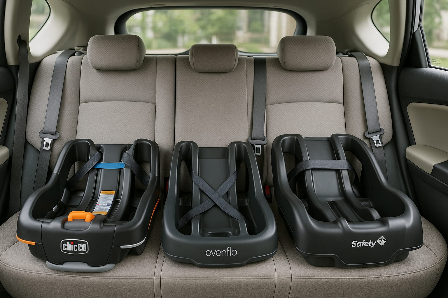 Three infant car seat bases installed side-by-side in a small car - Find For Baby