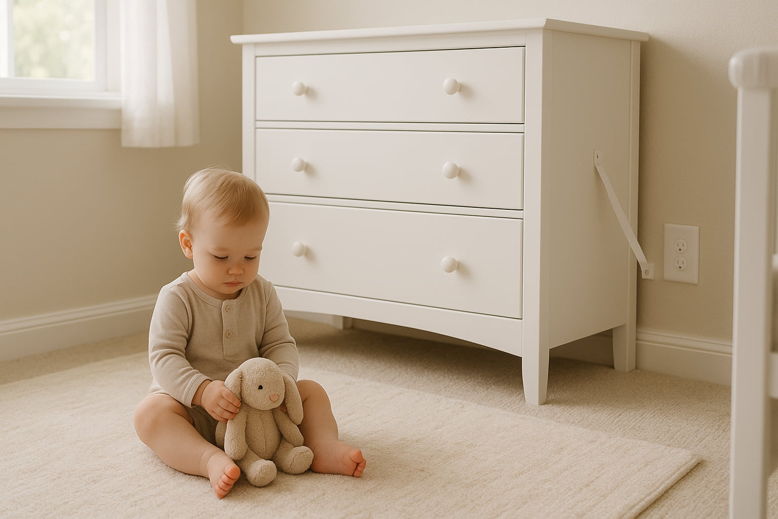 Toddler in nursery near dresser, freestanding vs mounted furniture safety - Find For Baby