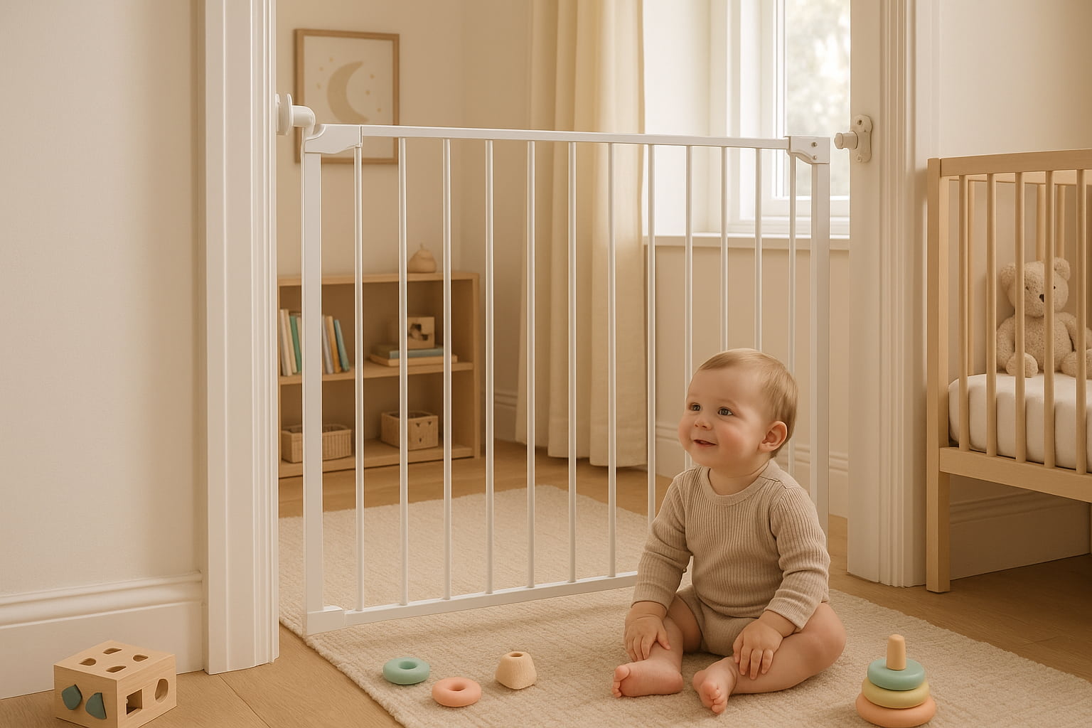 Toddler in room with Regalo vs Summer Infant baby gate setup for safety - Find For Baby
