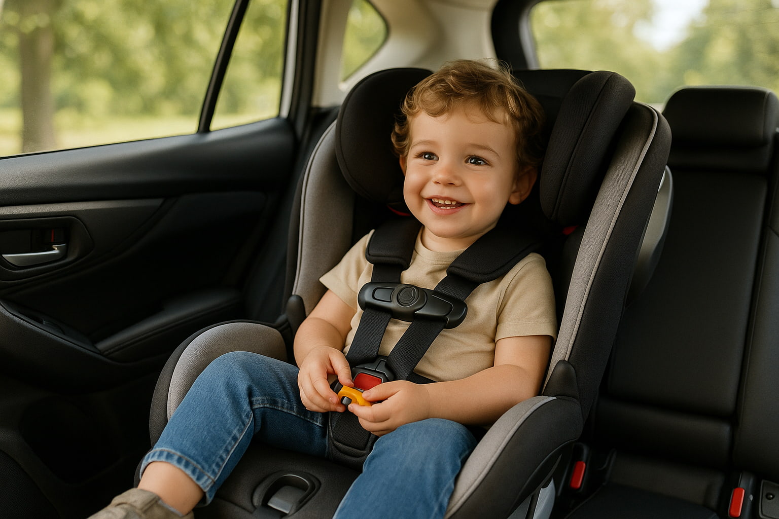 Toddler sitting in a forward facing car seat safely - Find For Baby