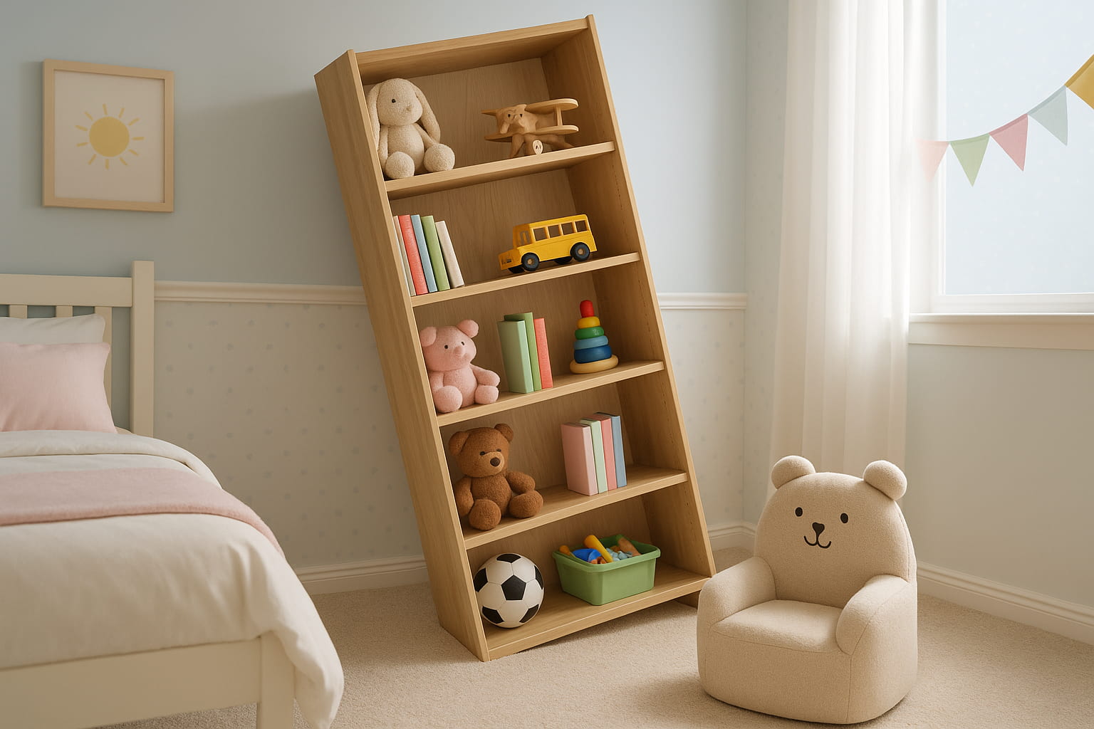 Unsecured bookshelf in child’s room, tipping hazard example - Find For Baby