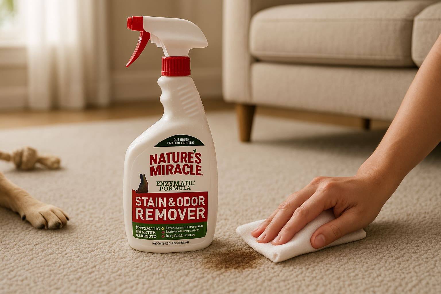 Using Nature’s Miracle Stain and Odor Remover on Carpet in a Pet-Friendly Home - Find For Baby