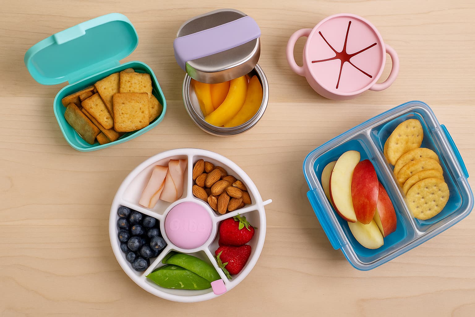 Variety of kids snack containers including flap-lid, stainless, spinner, and bento styles. - Find For Baby