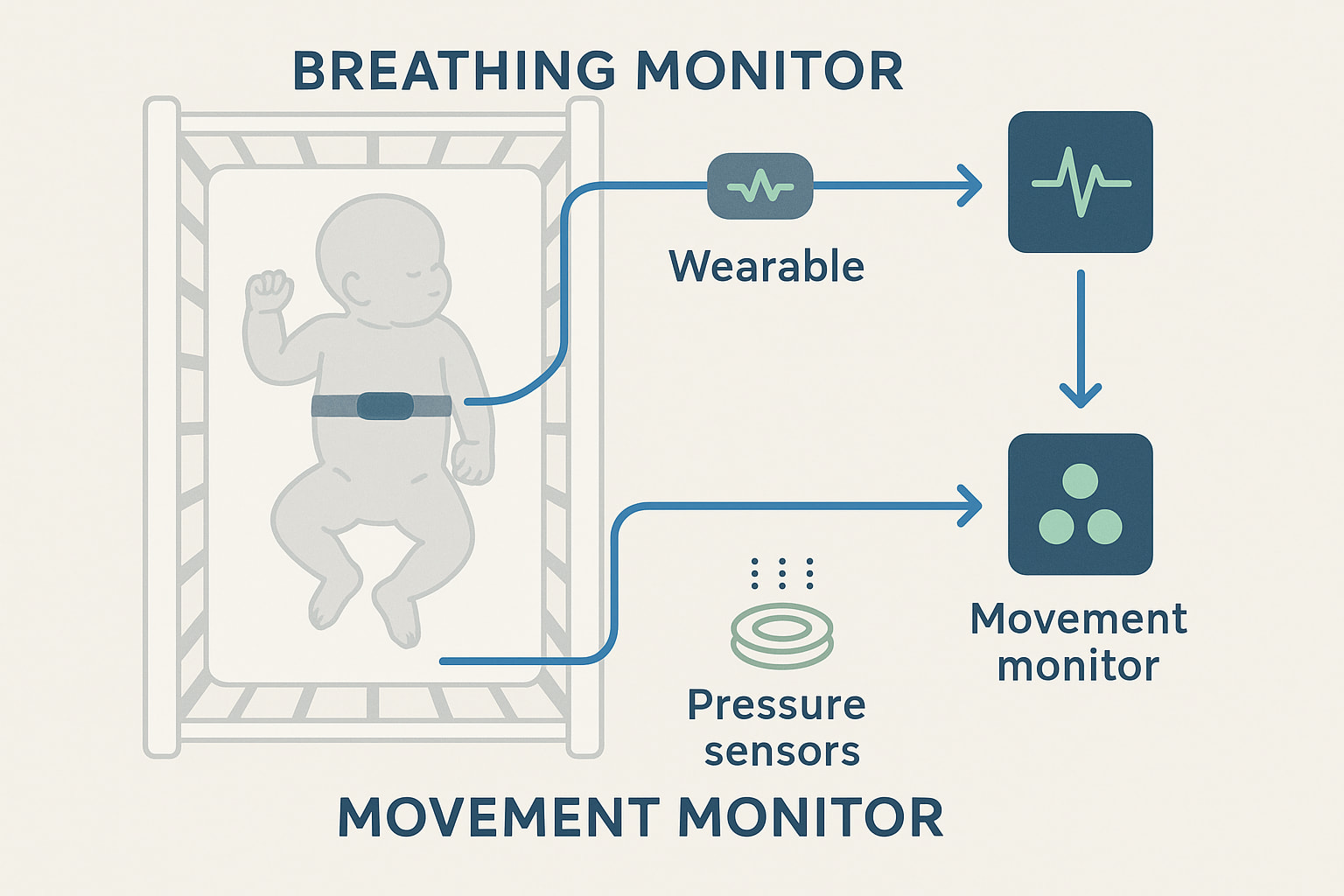 Visual showing how breathing and movement monitors detect infant activity - Find For Baby