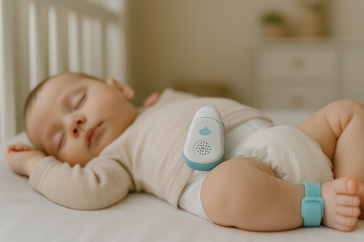 Wearable baby monitor attached to a diaper during sleep. - Find For Baby