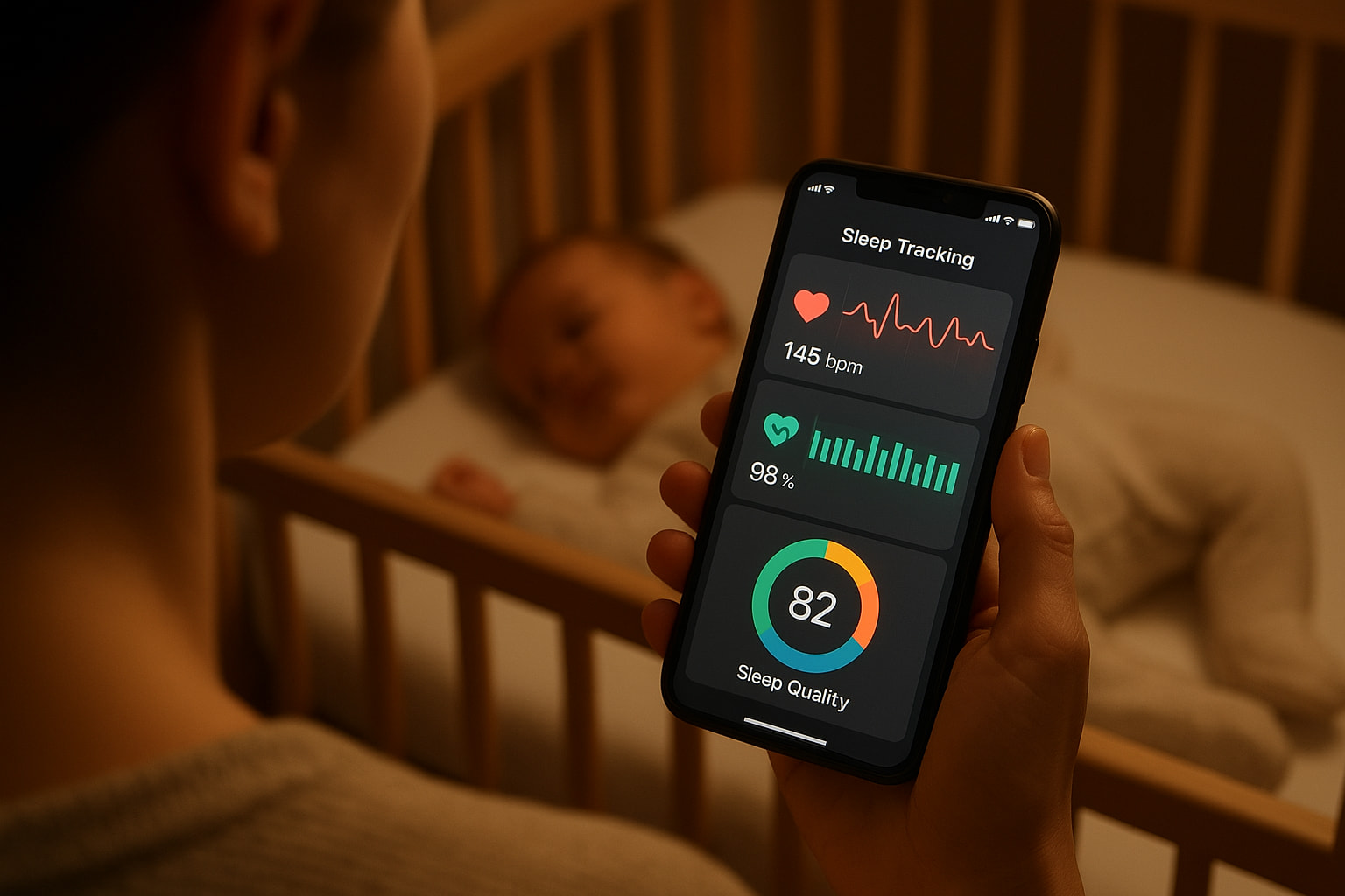 parent checking smart baby monitor sleep data on mobile app - Find For Baby parent checking smart baby monitor sleep data on mobile app - Find For Baby