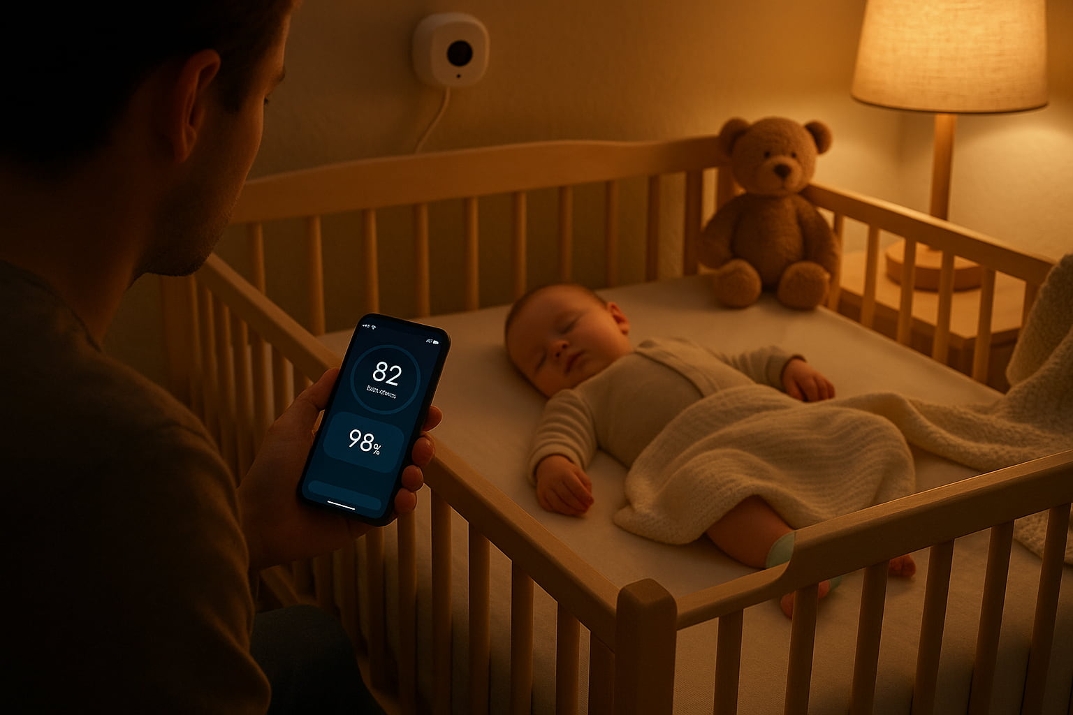 parents using owlet dream duo monitor during nighttime with baby peacefully sleeping and app screen open - Find For Baby parents using owlet dream duo monitor during nighttime with baby peacefully sleeping and app screen open - Find For Baby