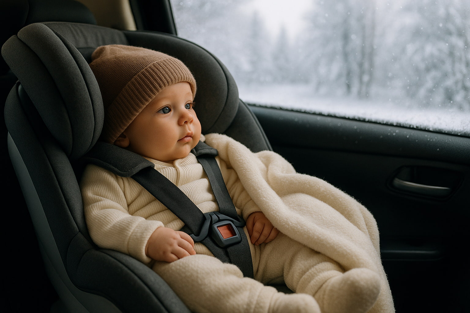 Baby car seat dressing safety with thin winter layers and blanket over harness in car seat - Find For Baby