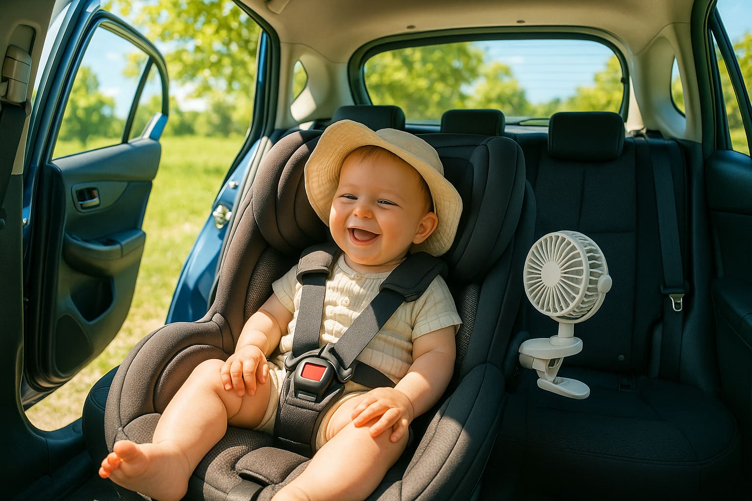 Baby in light summer clothes sitting in a shaded car seat with cooling fan. - Find For Baby