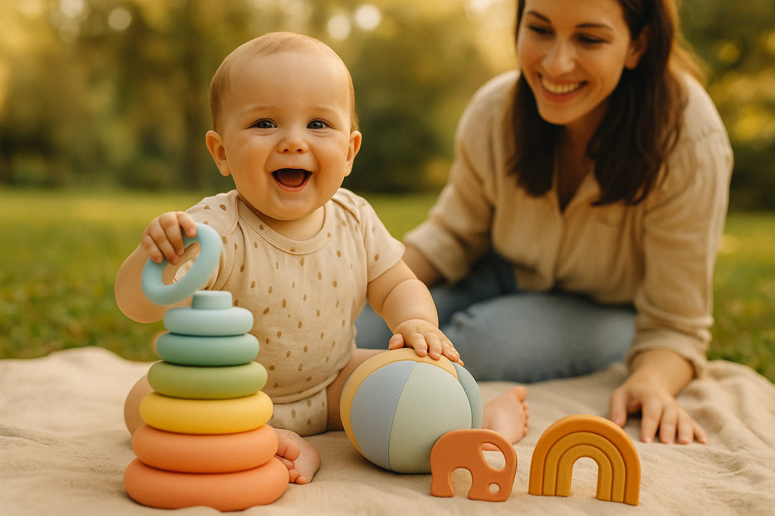 Baby playing outdoors with colorful safe baby toys under parent supervision - Find For Baby