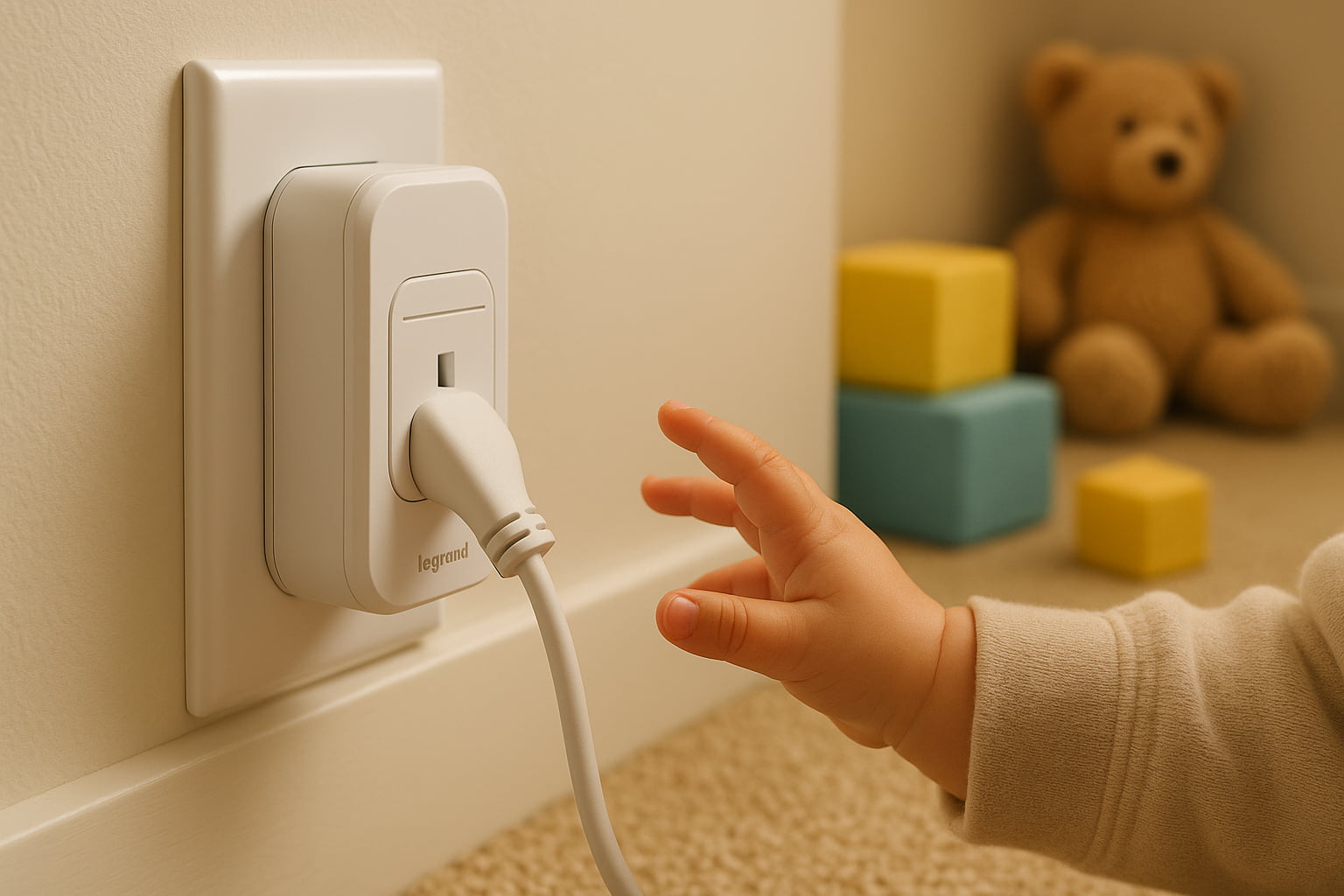 Baby reaching toward Legrand Tamper Resistant Outlet Baby Lock in a playroom - Find For Baby