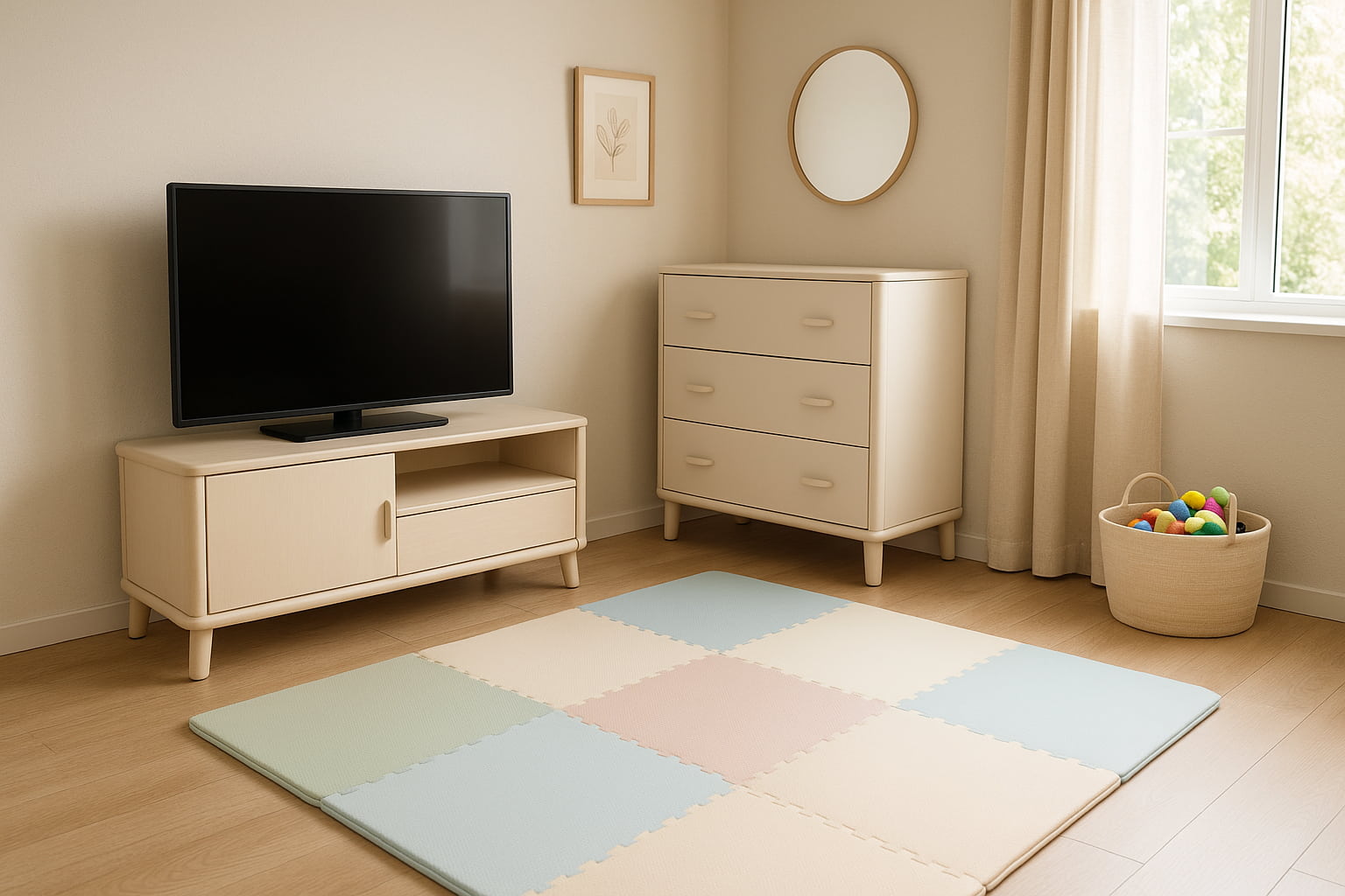 Baby-safe living room with secured TV and dresser - Find For Baby