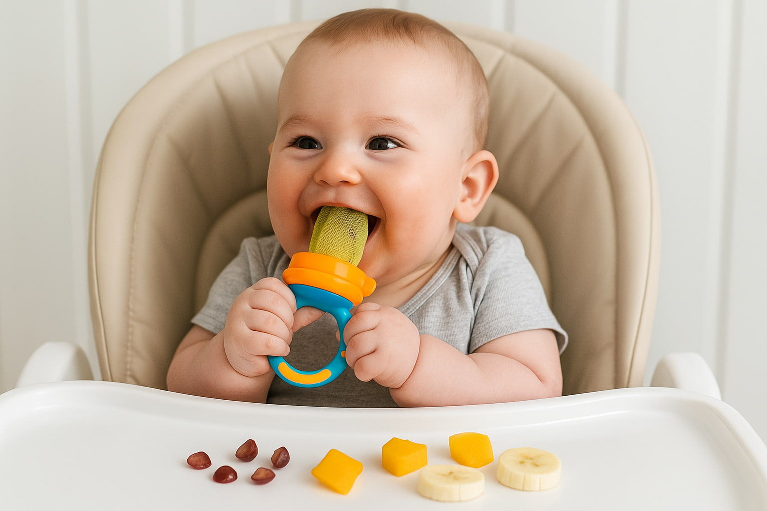Baby sitting in a high chair using a mesh feeder with soft fruit pieces for safe self-feeding - Find For Baby Baby sitting in a high chair using a mesh feeder with soft fruit pieces for safe self-feeding - Find For Baby