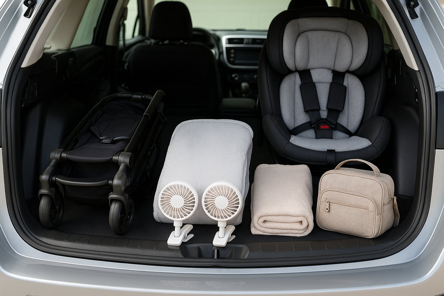 Baby travel gear in car trunk including stroller, blanket, and car seat accessories. - Find For Baby