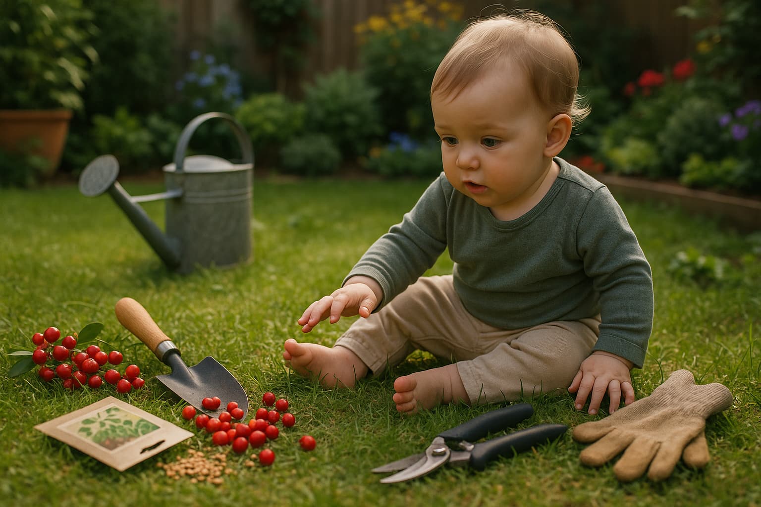 Backyard Garden Scene with Toddler and Unsafe Items - Find For Baby Backyard Garden Scene with Toddler and Unsafe Items - Find For Baby
