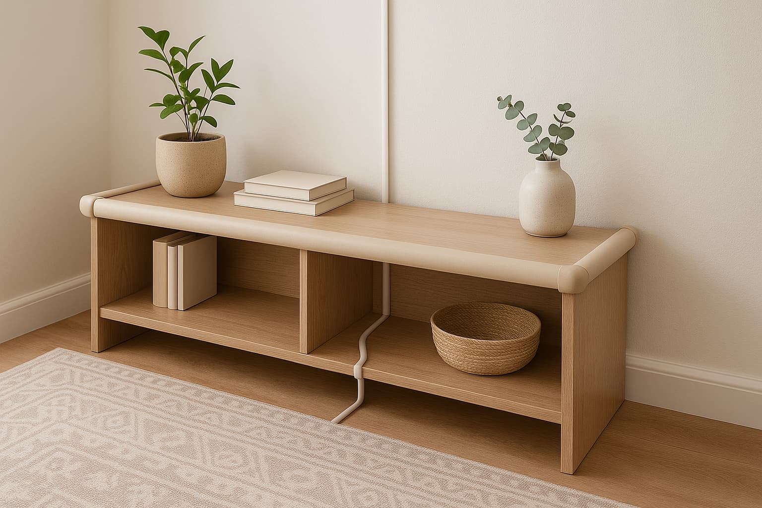 Cable management and padded edges for babyproofing your living room - Find For Baby