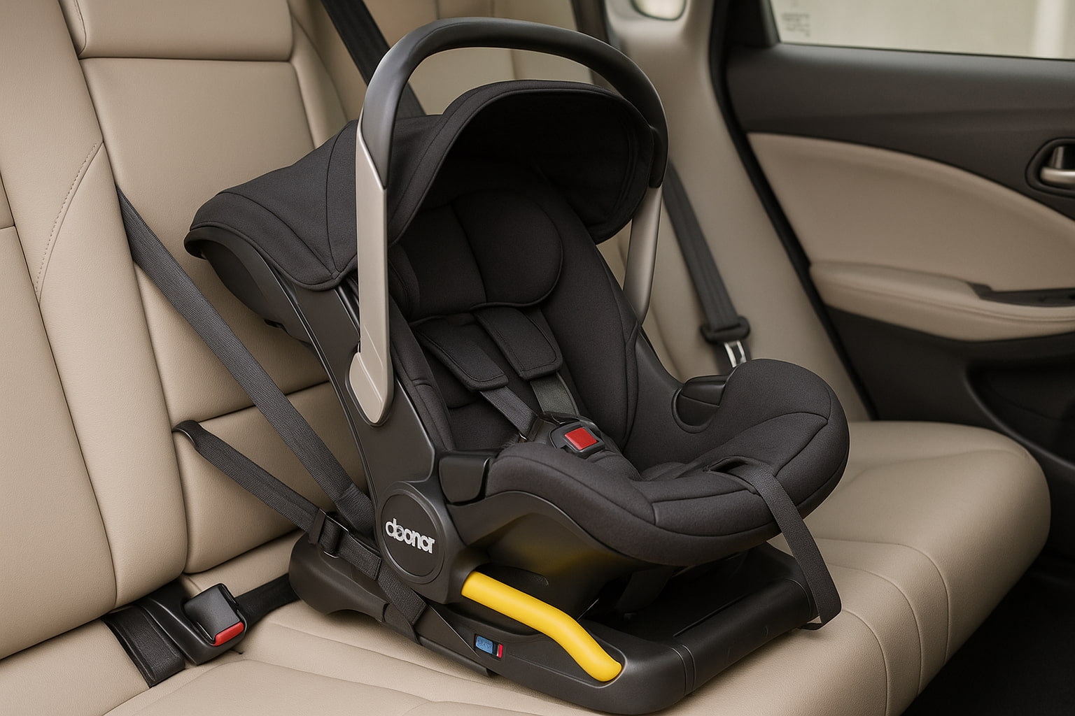 Close-up of Doona car seat stroller showing harness and anti-rebound bar features - Find For Baby Close-up of Doona car seat stroller showing harness and anti-rebound bar features - Find For Baby