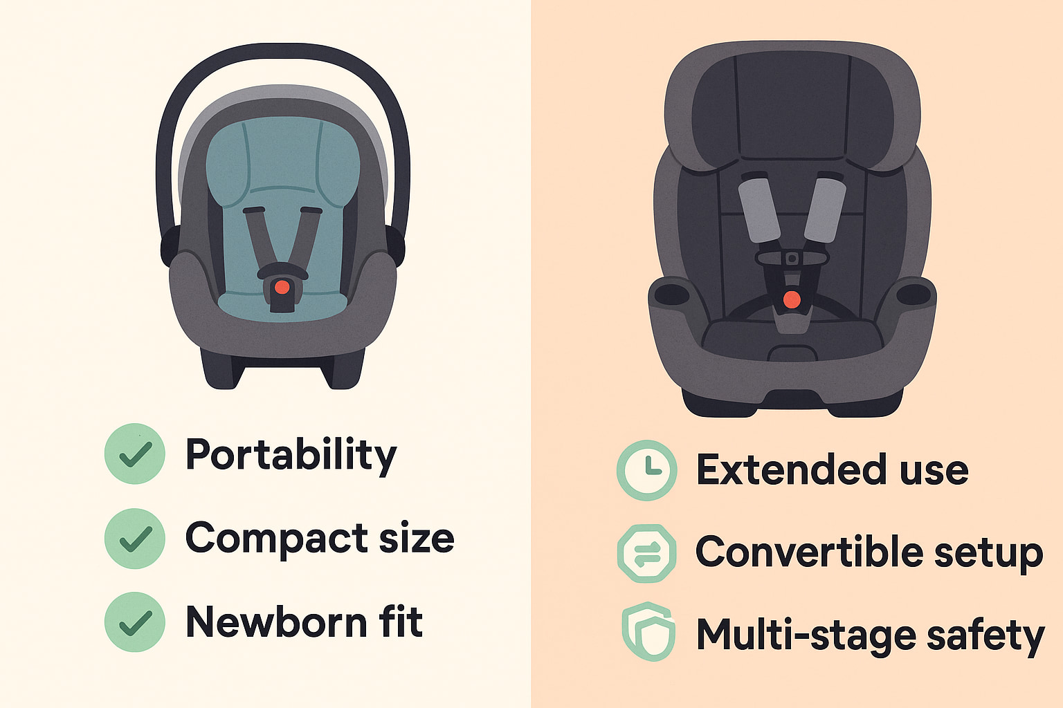 Comparison chart illustration of infant vs all-in-one car seats - Find For Baby