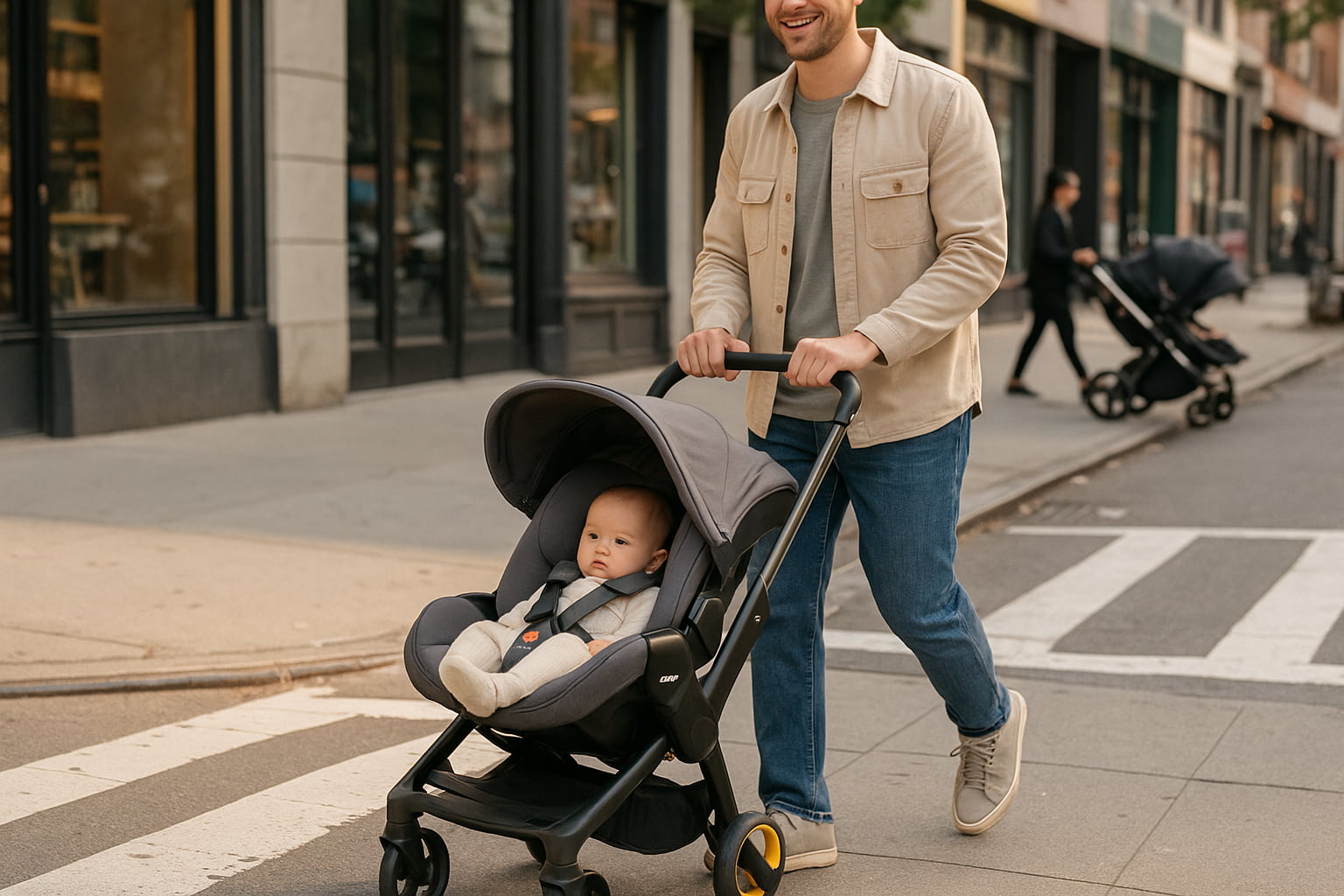 Doona car seat stroller folded into stroller mode during city travel - Find For Baby Doona car seat stroller folded into stroller mode during city travel - Find For Baby