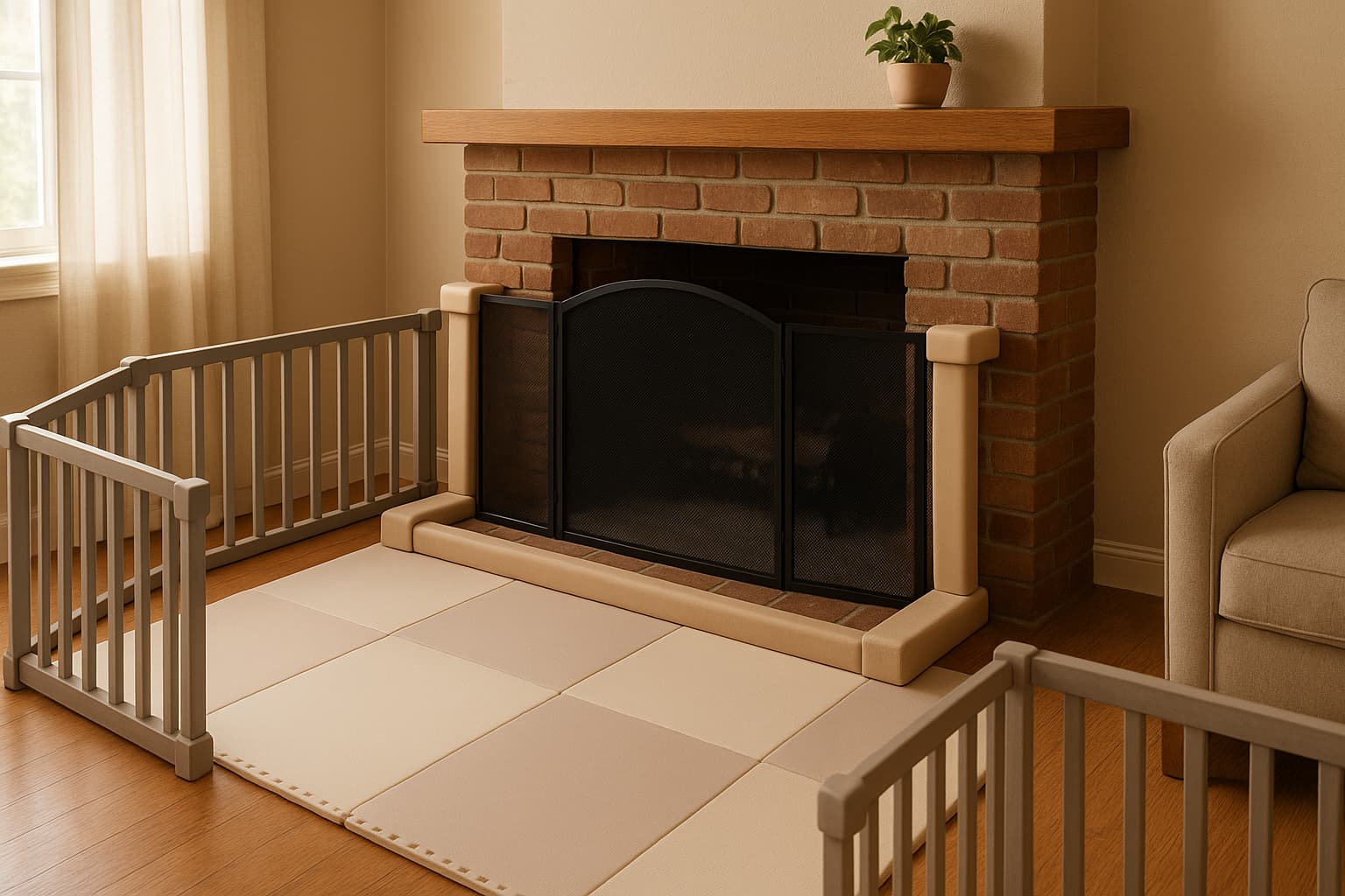 Fireplace fully babyproofed with guards, mats, and padding - Find For Baby