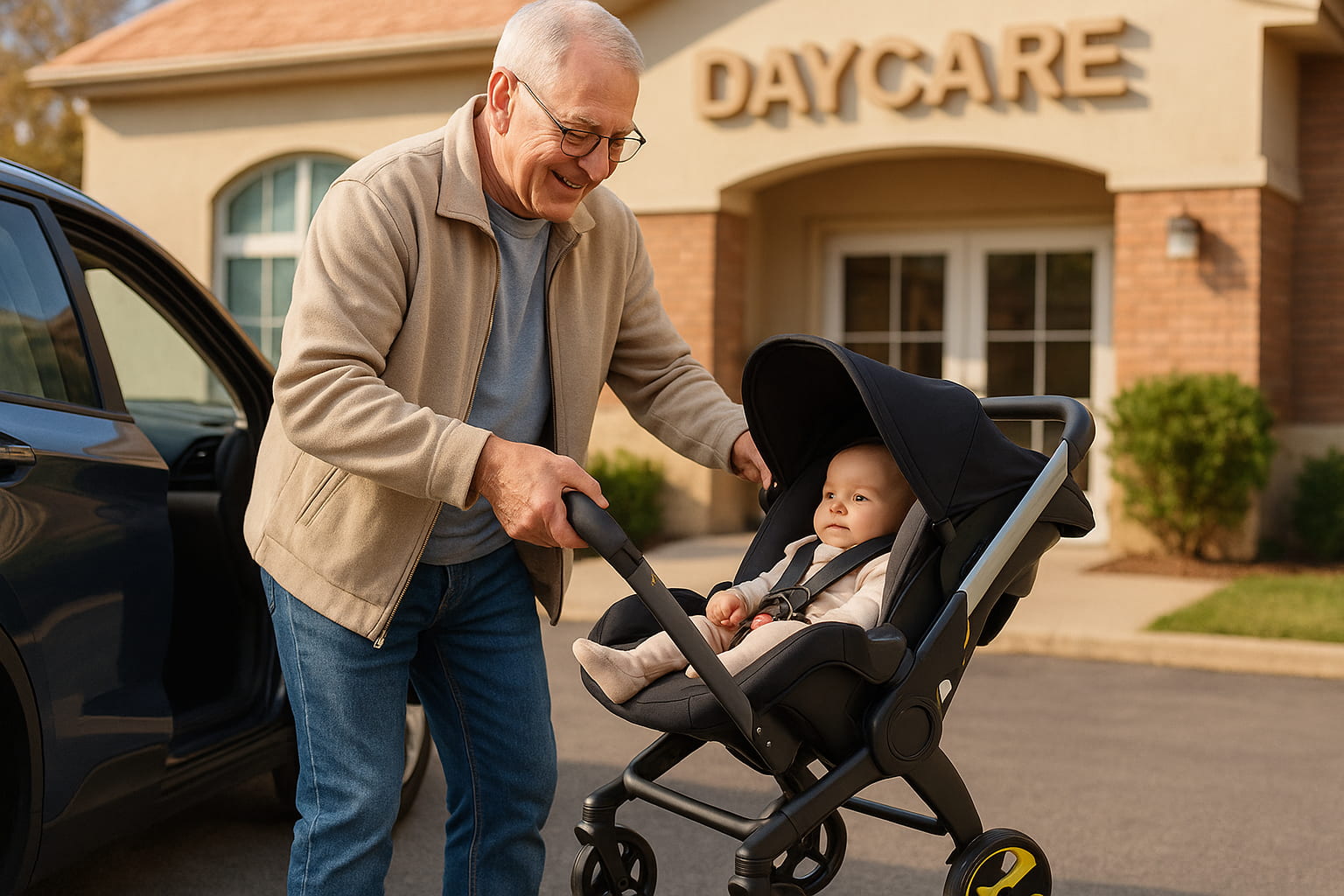 Grandparent using the Doona car seat stroller during daycare drop-off - Find For Baby Grandparent using the Doona car seat stroller during daycare drop-off - Find For Baby