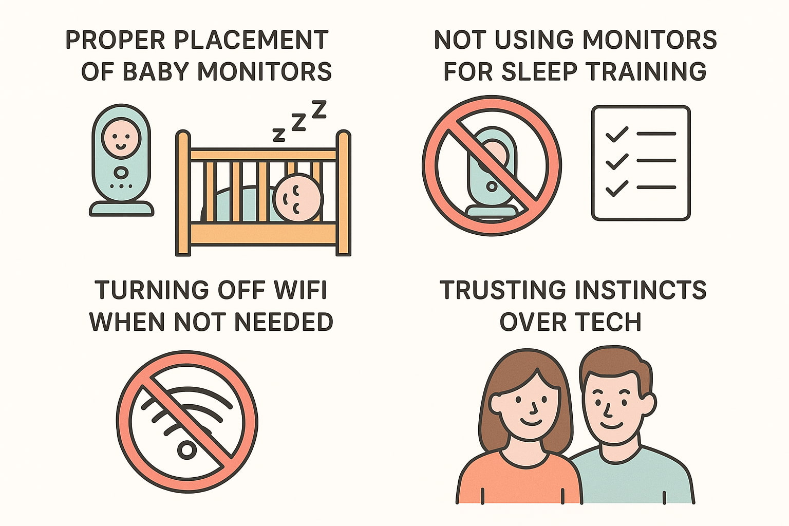 Illustrated infographic showing pediatrician-approved habits for using baby monitors safely. - Find For Baby
